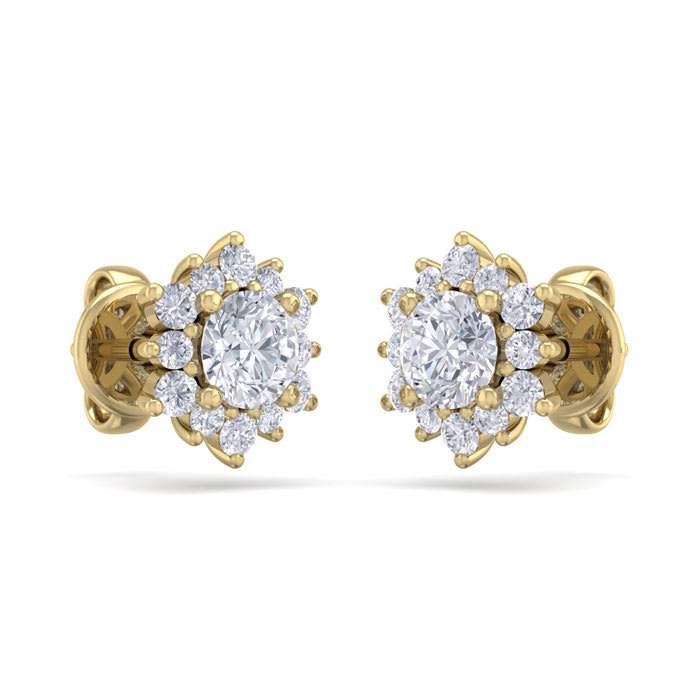 1 Carat Round Shape Flower Halo Diamond Stud Earrings In 14 Karat Yellow Gold
