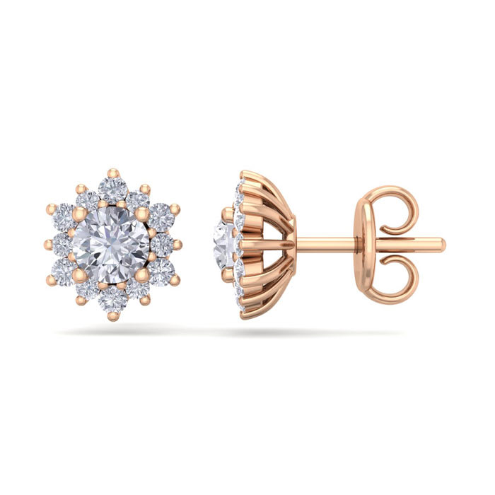1 Carat Round Shape Flower Halo Diamond Stud Earrings In 14 Karat Rose Gold