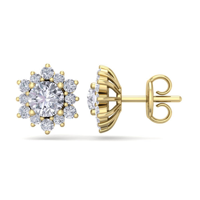 1 1/2 Carat Round Shape Flower Halo Diamond Stud Earrings In 14 Karat Yellow Gold