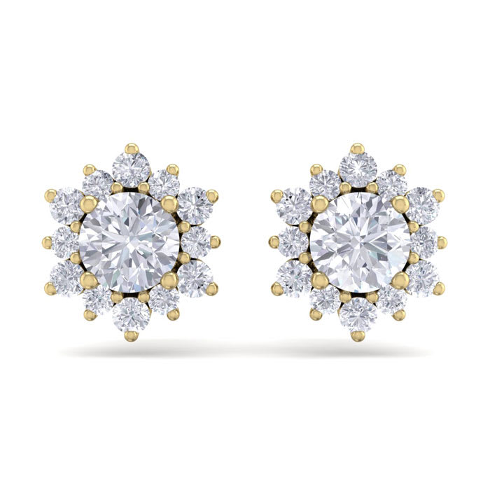 1 1/2 Carat Round Shape Flower Halo Diamond Stud Earrings In 14 Karat Yellow Gold