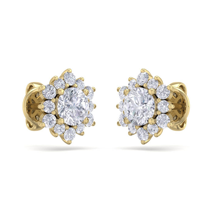 1 1/2 Carat Round Shape Flower Halo Diamond Stud Earrings In 14 Karat Yellow Gold