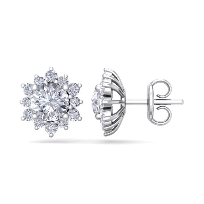 2 Carat Round Shape Flower Halo Diamond Stud Earrings In 14 Karat White Gold