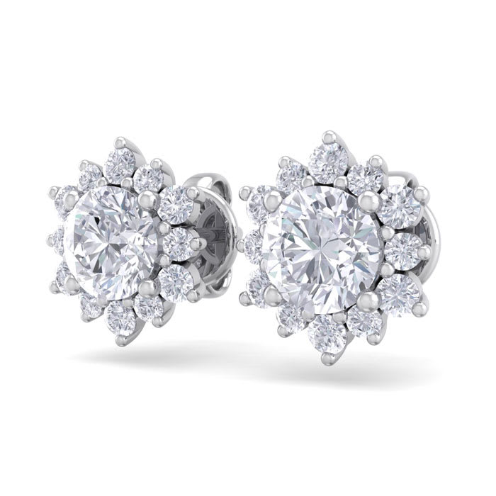 2 Carat Round Shape Flower Halo Diamond Stud Earrings In 14 Karat White Gold