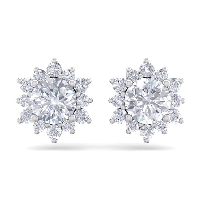 2 Carat Round Shape Flower Halo Diamond Stud Earrings In 14 Karat White Gold