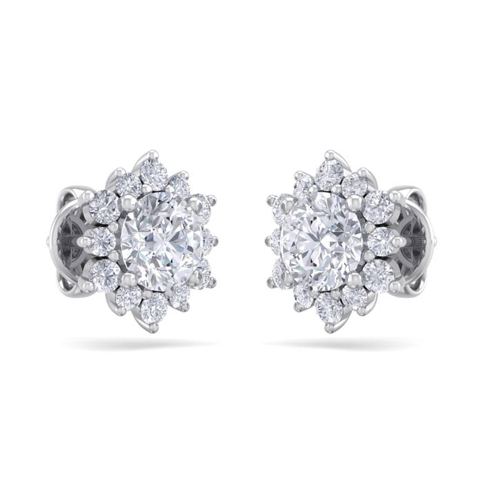 2 Carat Round Shape Flower Halo Diamond Stud Earrings In 14 Karat White Gold