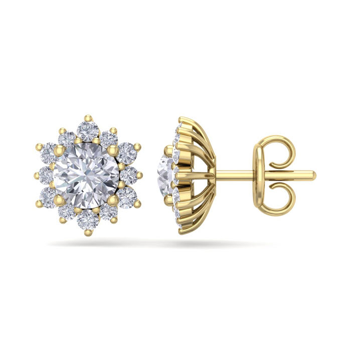 2 Carat Round Shape Flower Halo Diamond Stud Earrings In 14 Karat Yellow Gold