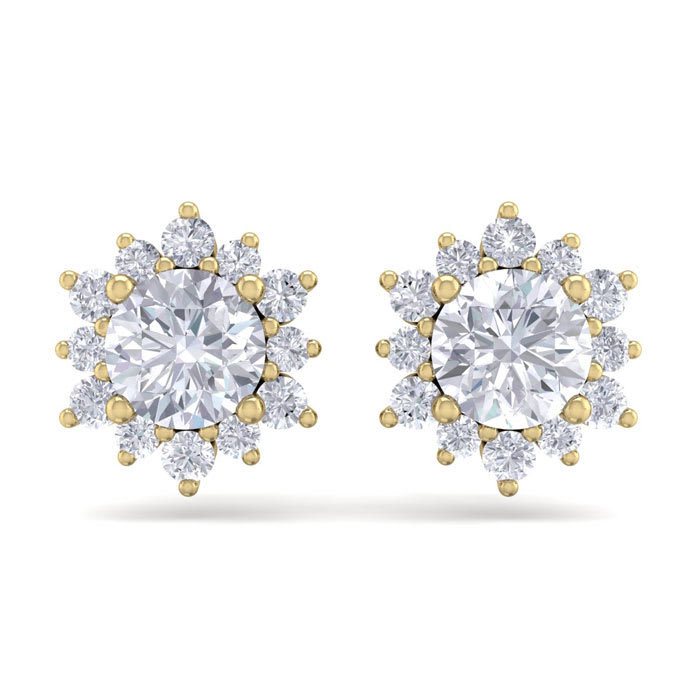 2 Carat Round Shape Flower Halo Diamond Stud Earrings In 14 Karat Yellow Gold
