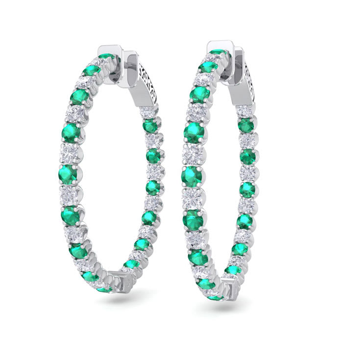 5 Carat Emerald and Diamond Hoop Earrings In 14 Karat White Gold, 1 1/4 Inch