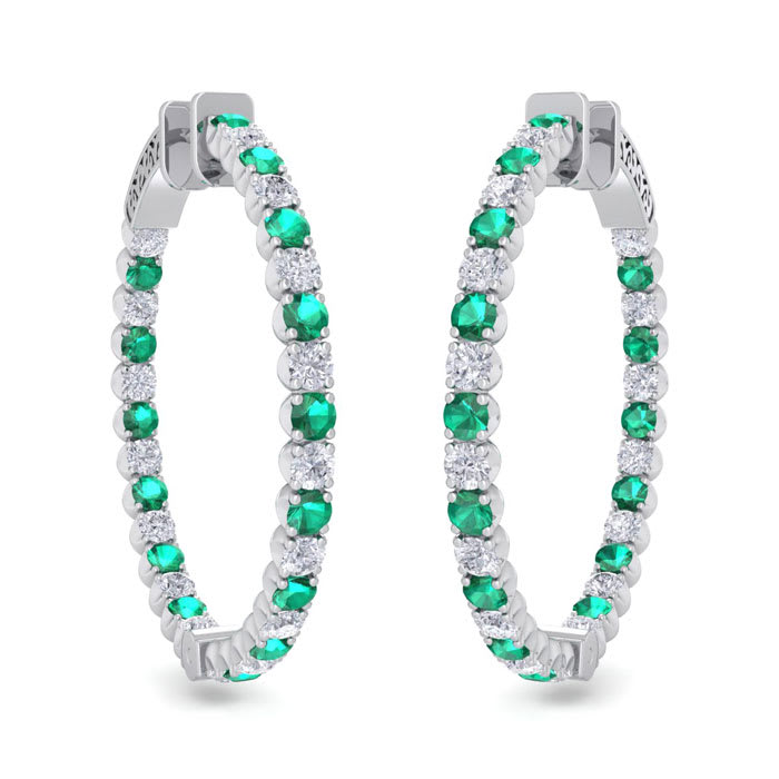 5 Carat Emerald and Diamond Hoop Earrings In 14 Karat White Gold, 1 1/4 Inch