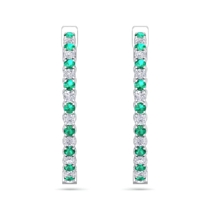 5 Carat Emerald and Diamond Hoop Earrings In 14 Karat White Gold, 1 1/4 Inch