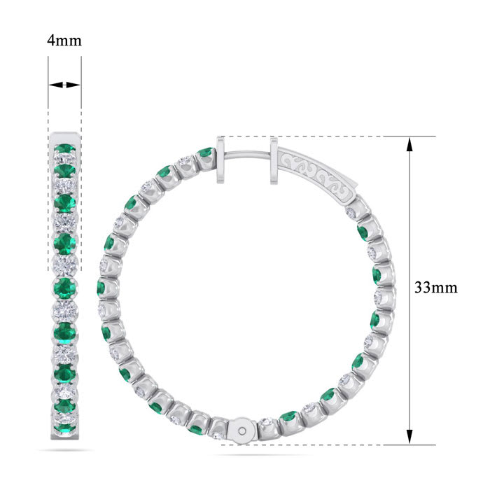 5 Carat Emerald and Diamond Hoop Earrings In 14 Karat White Gold, 1 1/4 Inch
