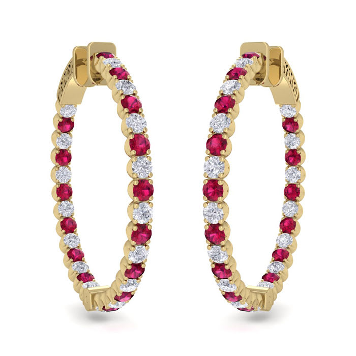 5 Carat Ruby and Diamond Hoop Earrings In 14 Karat Yellow Gold, 1 1/4 Inch