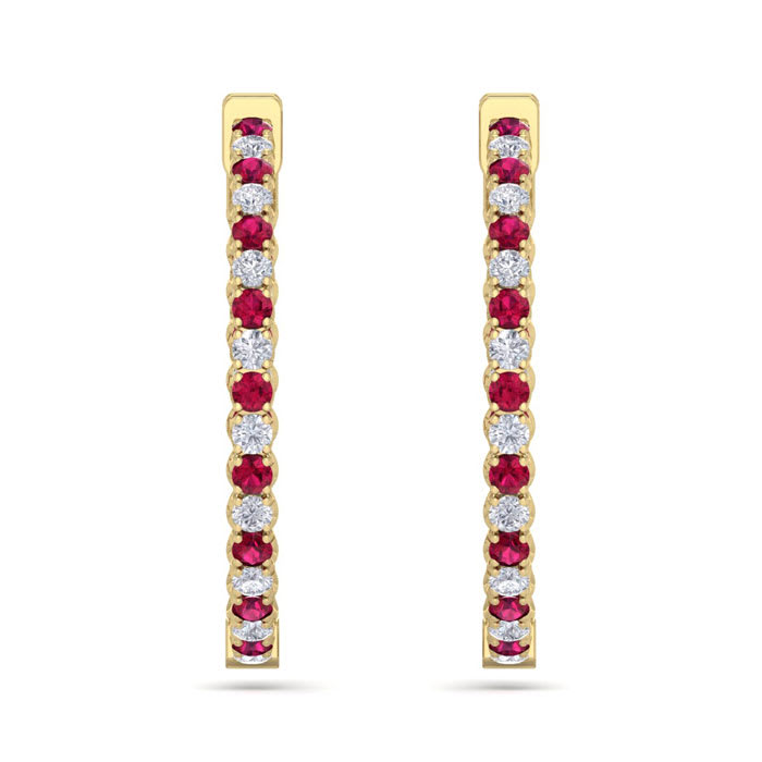 5 Carat Ruby and Diamond Hoop Earrings In 14 Karat Yellow Gold, 1 1/4 Inch