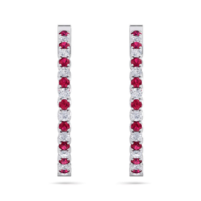 3 1/2 Carat Ruby and Diamond Hoop Earrings In 14 Karat White Gold, 1 Inch