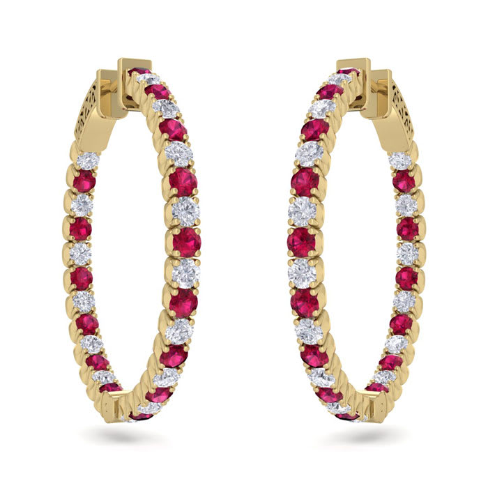3 1/2 Carat Ruby and Diamond Hoop Earrings In 14 Karat Yellow Gold, 1 Inch