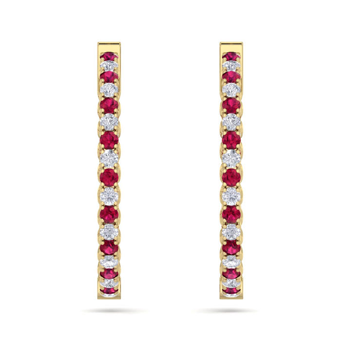 3 1/2 Carat Ruby and Diamond Hoop Earrings In 14 Karat Yellow Gold, 1 Inch