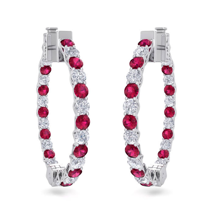3 Carat Ruby and Diamond Hoop Earrings In 14 Karat White Gold, 3/4 Inch