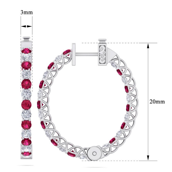 3 Carat Ruby and Diamond Hoop Earrings In 14 Karat White Gold, 3/4 Inch