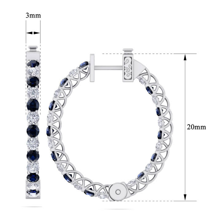 3 Carat Sapphire and Diamond Hoop Earrings In 14 Karat White Gold, 3/4 Inch