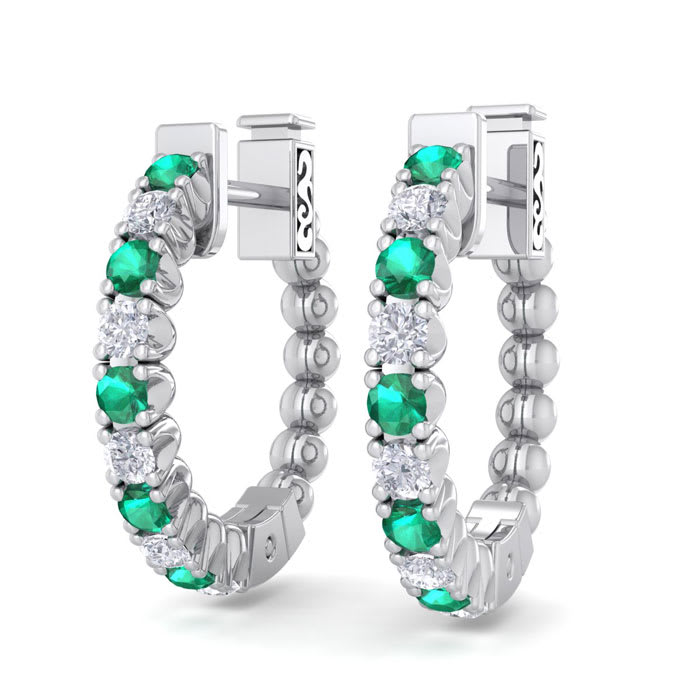 1/2 Carat Emerald and Diamond Hoop Earrings In 14 Karat White Gold, 1/2 Inch