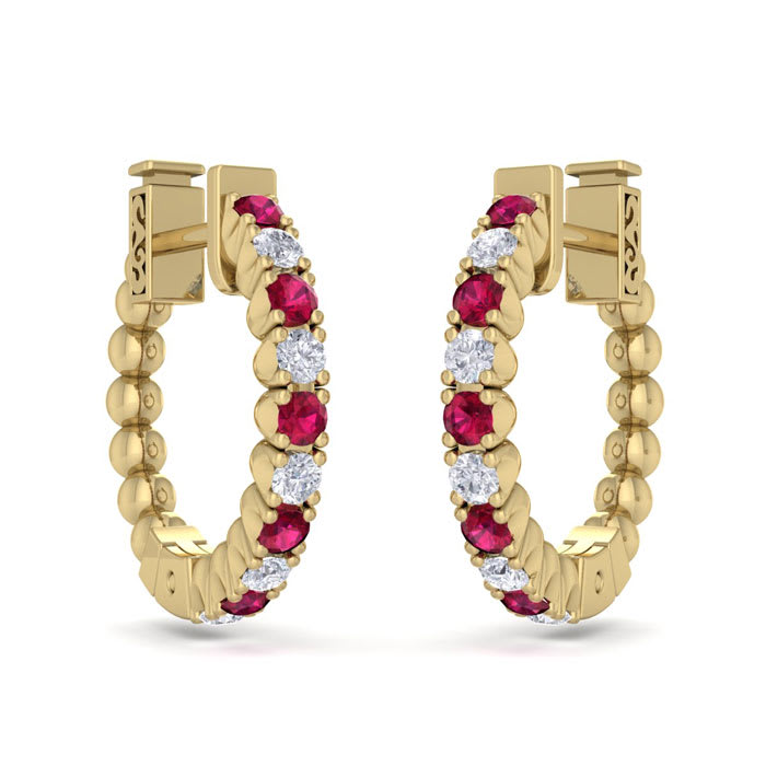 1/2 Carat Ruby and Diamond Hoop Earrings In 14 Karat Yellow Gold, 1/2 Inch