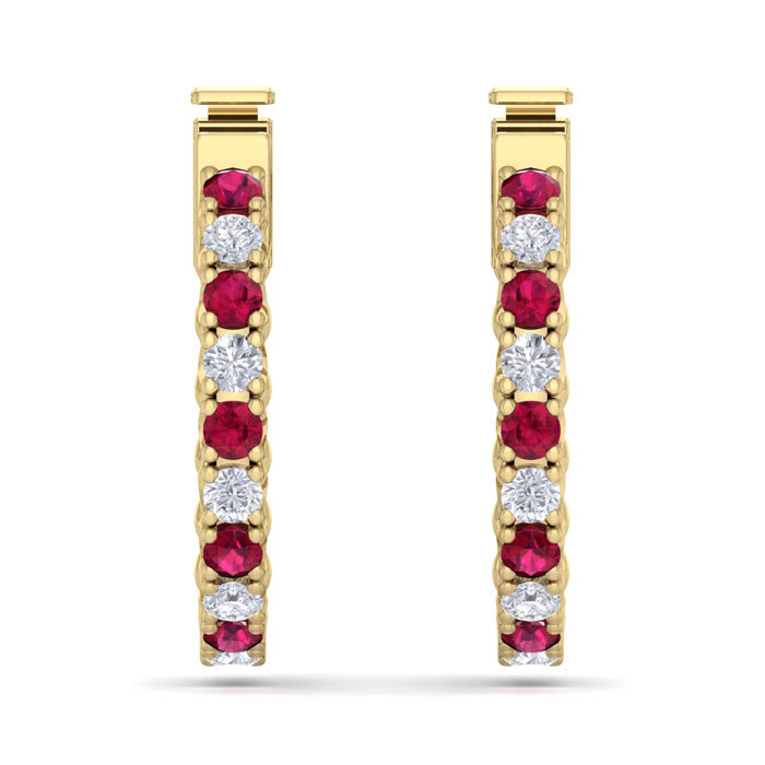 1/2 Carat Ruby and Diamond Hoop Earrings In 14 Karat Yellow Gold, 1/2 Inch