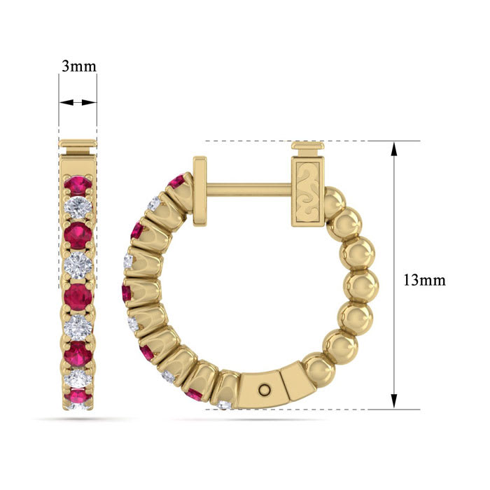 1/2 Carat Ruby and Diamond Hoop Earrings In 14 Karat Yellow Gold, 1/2 Inch