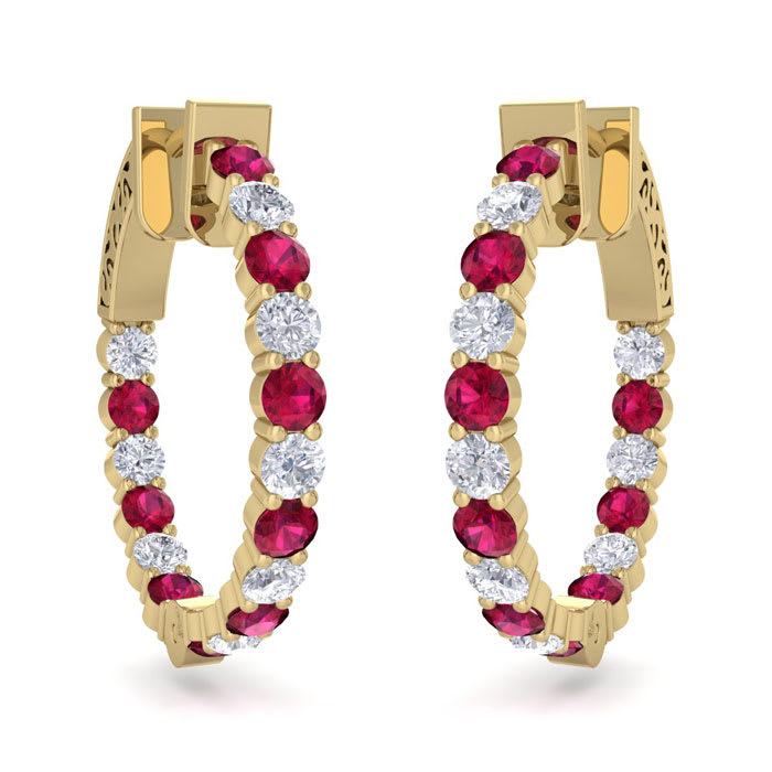 2 Carat Ruby and Diamond Hoop Earrings In 14 Karat Yellow Gold, 3/4 Inch
