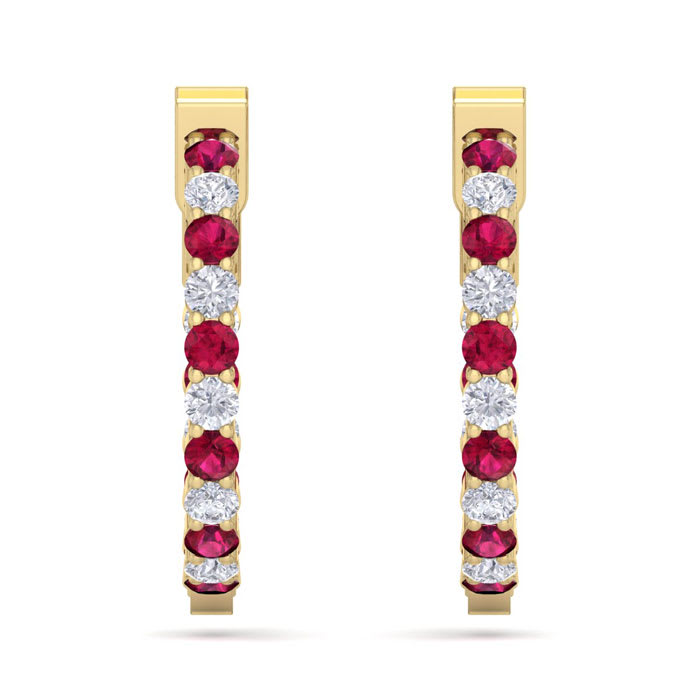 2 Carat Ruby and Diamond Hoop Earrings In 14 Karat Yellow Gold, 3/4 Inch