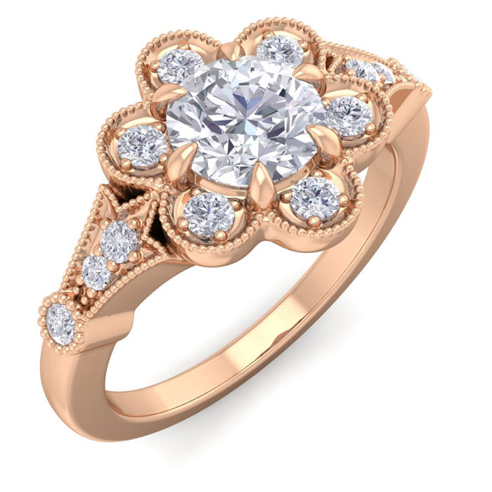 Moissanite Engagement Ring; 1 Carat Round Shape Moissanite Vintage Engagement Ring In Rose Gold Over Sterling Silver
