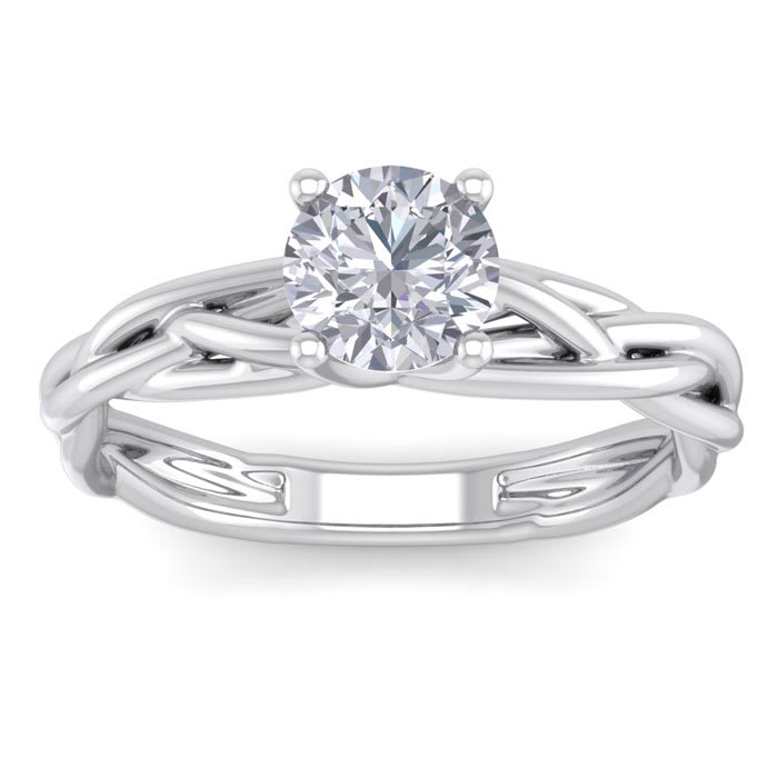 1 Carat Round Diamond Solitaire Intricate Vine Engagement Ring With Tapered Band In 14 Karat White Gold