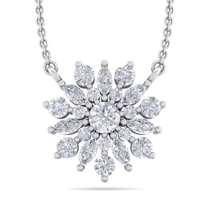 1/2 Carat Round Diamond Flower Necklace In 14 Karat White Gold, 18 Inches