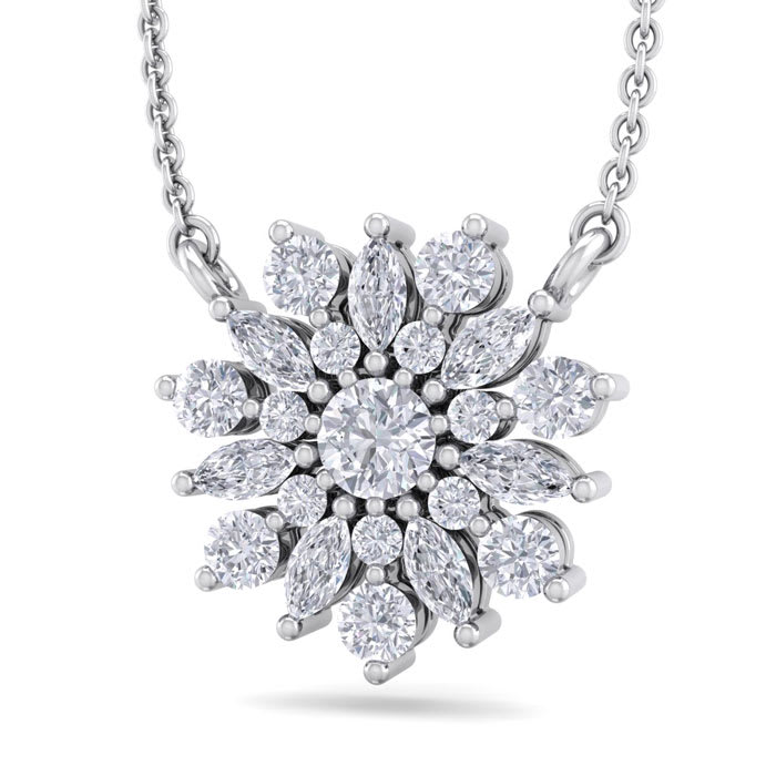 1/2 Carat Round Diamond Flower Necklace In 14 Karat White Gold, 18 Inches