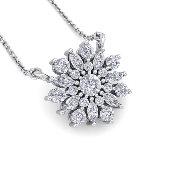 1/2 Carat Round Diamond Flower Necklace In 14 Karat White Gold, 18 Inches