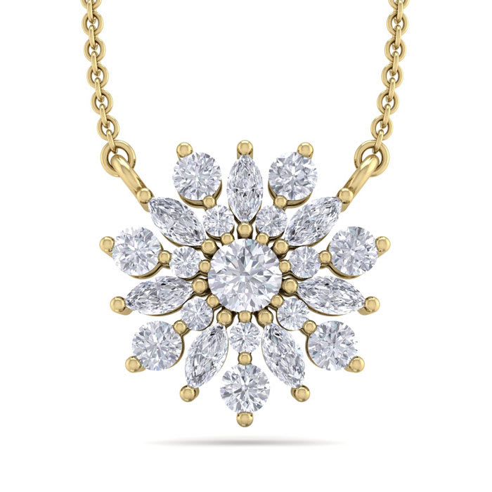 1/2 Carat Round Diamond Flower Necklace In 14 Karat Yellow Gold, 18 Inches