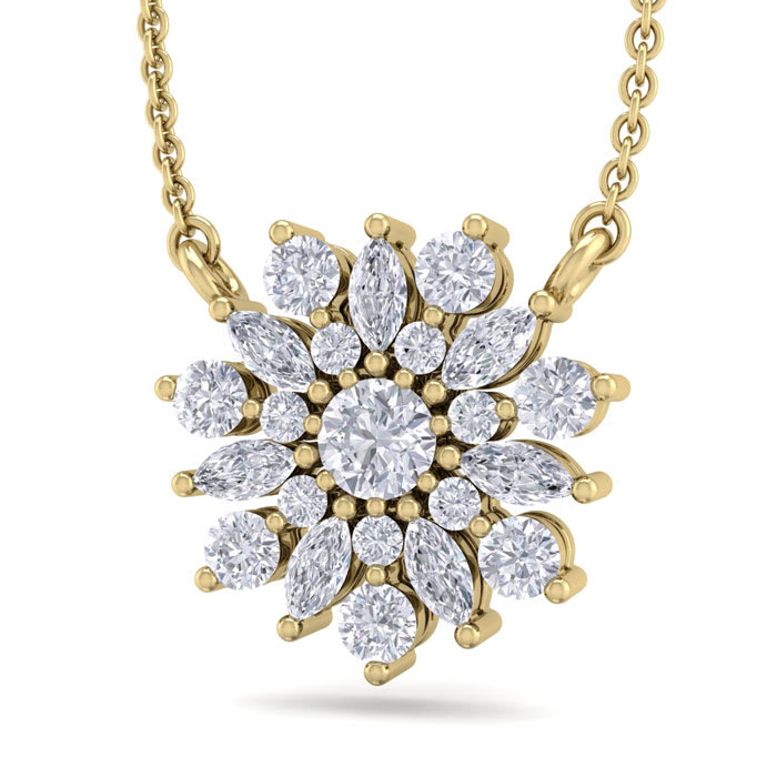 1/2 Carat Round Diamond Flower Necklace In 14 Karat Yellow Gold, 18 Inches