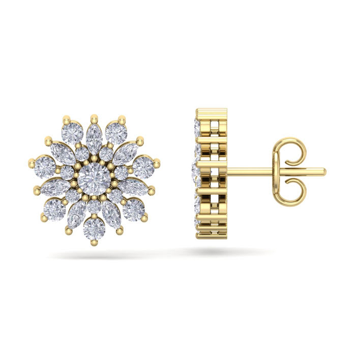 1 Carat Round Diamond Flower Stud Earrings In 14 Karat Yellow Gold
