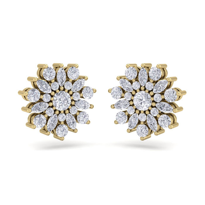1 Carat Round Diamond Flower Stud Earrings In 14 Karat Yellow Gold
