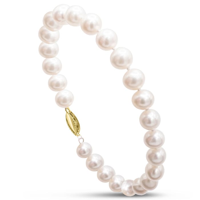 7 Inch 7mm AA Hand Knotted Pearl Bracelet, 14k Yellow Gold Clasp
