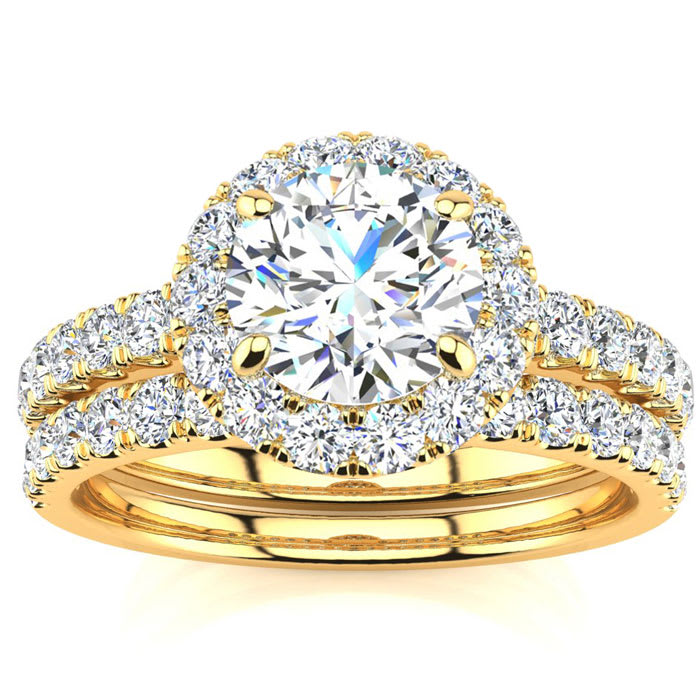 2 Carat Round Floating Halo Diamond Bridal Set in 14k Yellow Gold. Our Most Popular 2 Carat Round Bridal Set!