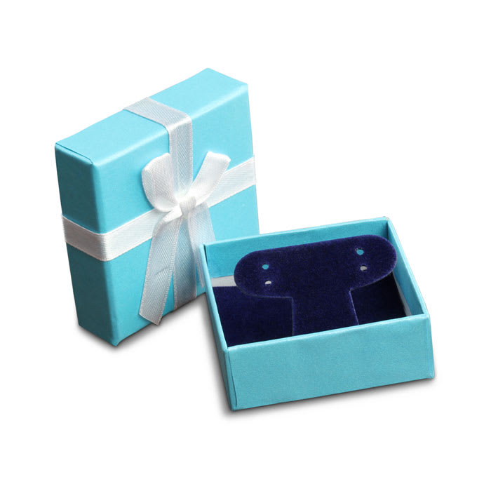Teal Earring Box With White Bow and Blue Velvet Interior