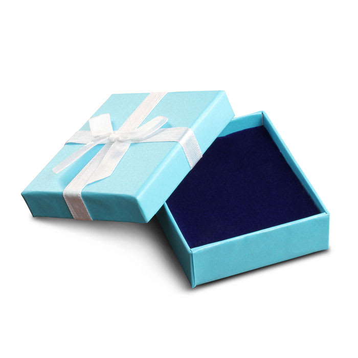 Teal Necklace Box With White Bow and Blue Velvet Interior