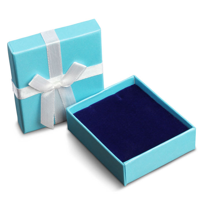 Teal Necklace Box With White Bow and Blue Velvet Interior