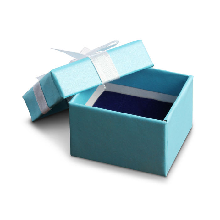 Teal Ring Box With White Bow and Blue Velvet Interior