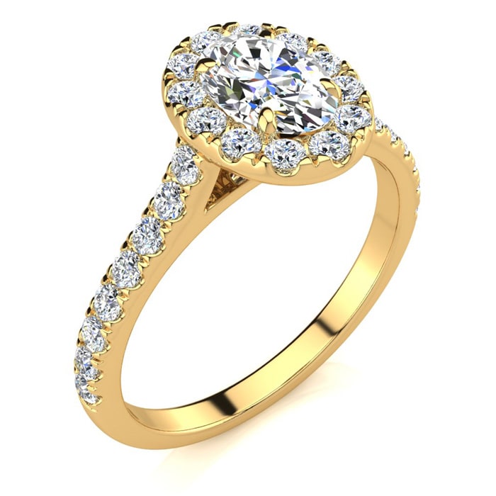 1 Carat Oval Shape Halo Diamond Engagement Ring in 14 Karat Yellow Gold