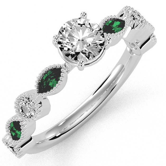 1 1/4 Carat Round and Marquise Vintage Diamond and Emerald Engagement Ring In 14 Karat White Gold