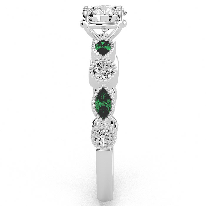 1 1/4 Carat Round and Marquise Vintage Diamond and Emerald Engagement Ring In 14 Karat White Gold