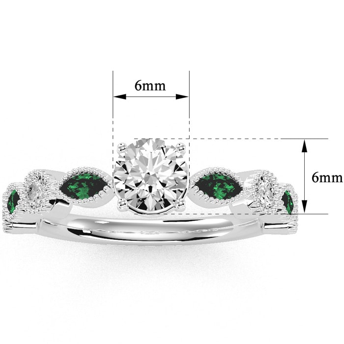 1 1/4 Carat Round and Marquise Vintage Diamond and Emerald Engagement Ring In 14 Karat White Gold