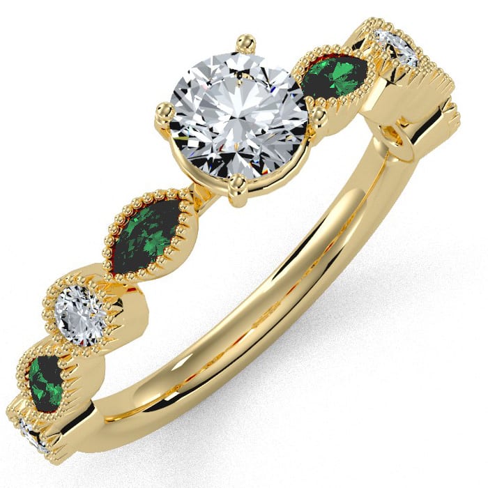 1 1/4 Carat Round and Marquise Vintage Diamond and Emerald Engagement Ring In 14 Karat Yellow Gold