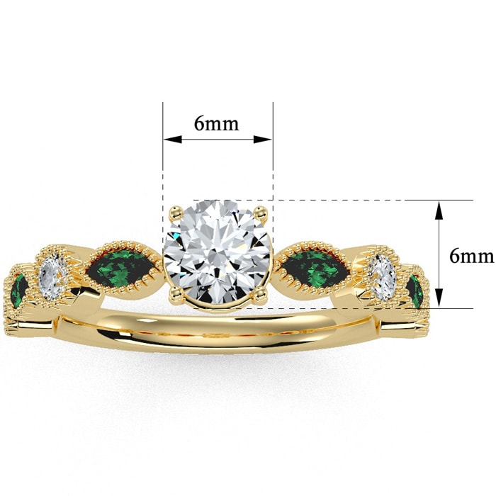 1 1/4 Carat Round and Marquise Vintage Diamond and Emerald Engagement Ring In 14 Karat Yellow Gold